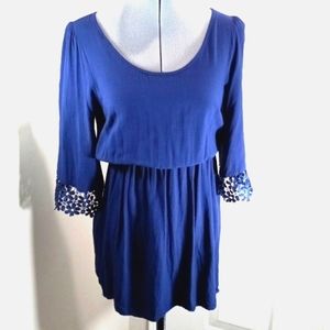 Womens  Sz Sm Midi (shorter) Navy Blue with lace cuffs, Lg scoop front & Back